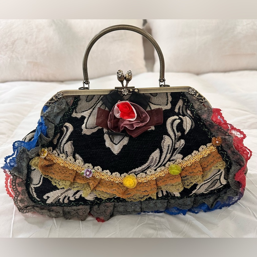 Source Unknown Black and Multicolor Lace Clutch